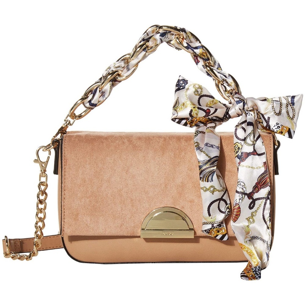 Beige Faux Suede Handbag w/ Gold Shoulder Chain + removable Scarf & Crossbody
